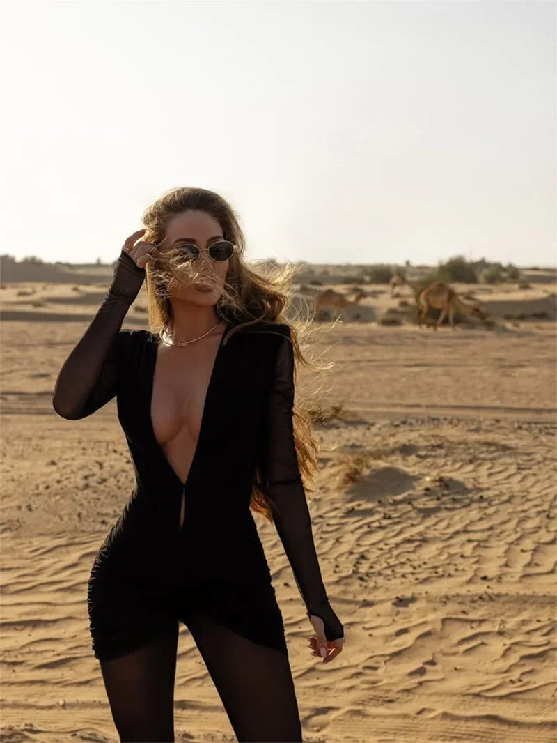 Milford Deep V Neck Long Sleeve Sexy Patchwork See Through Ruched Jumpsuits
