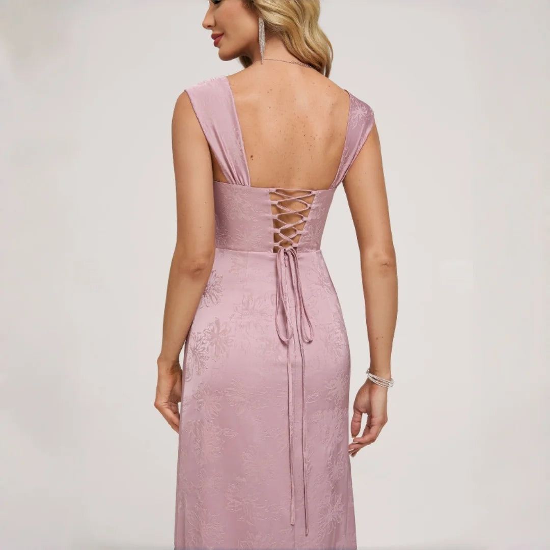 Canarsie Square Neck Corse Bodice Ruched High Slit Spaghetti Strap Formal Bridesmaid Dress