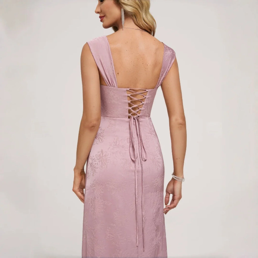 Canarsie Square Neck Corse Bodice Ruched High Slit Spaghetti Strap Formal Bridesmaid Dress