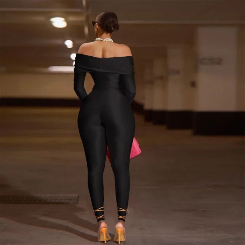 Oneida Hollow Out Sexy Party Clubwear Long Sleeve Slash Neck Crop Jumpsuits
