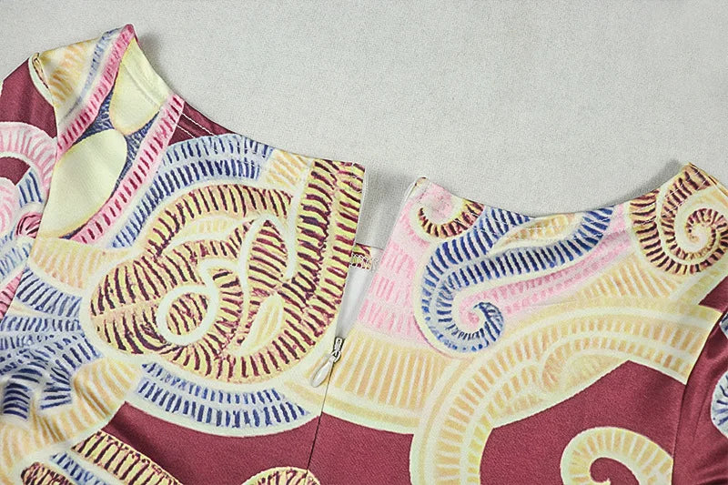 China Town Fashion Art Colorful Print o-Neck Full Sleeve Skinny Peach Jumpsuit