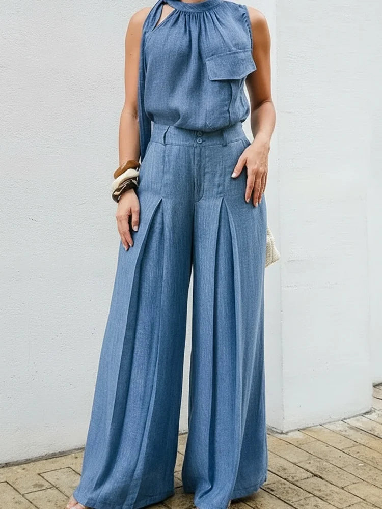 Jumeiry High Waist Pleated Wide Leg Two Piece Sets