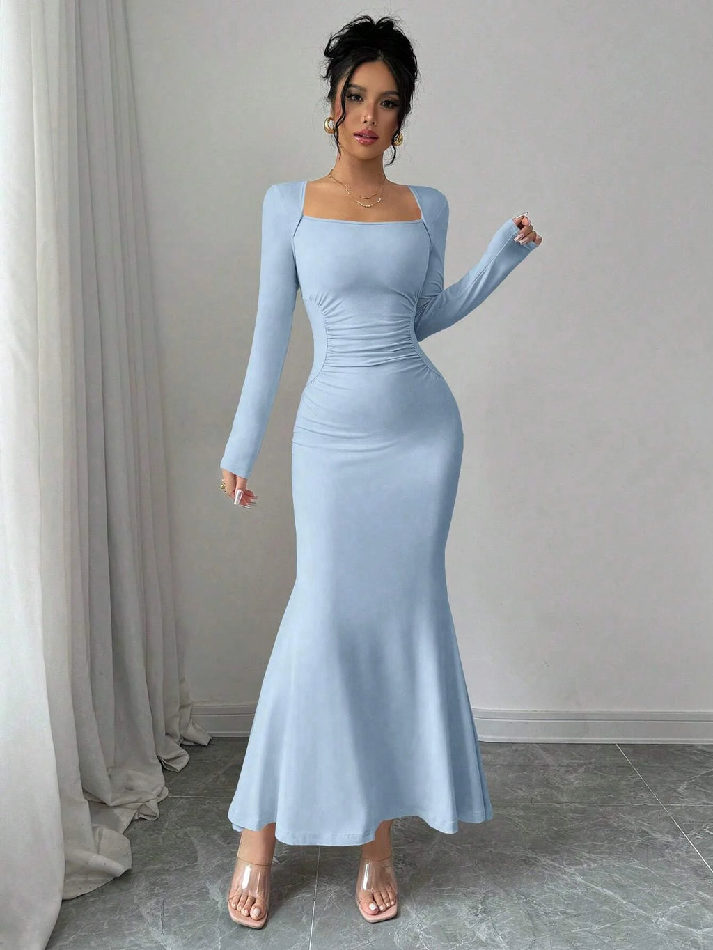 Nisao Four Seasons New Style Elegant Temperament Retro Solid Color Square Long Dress