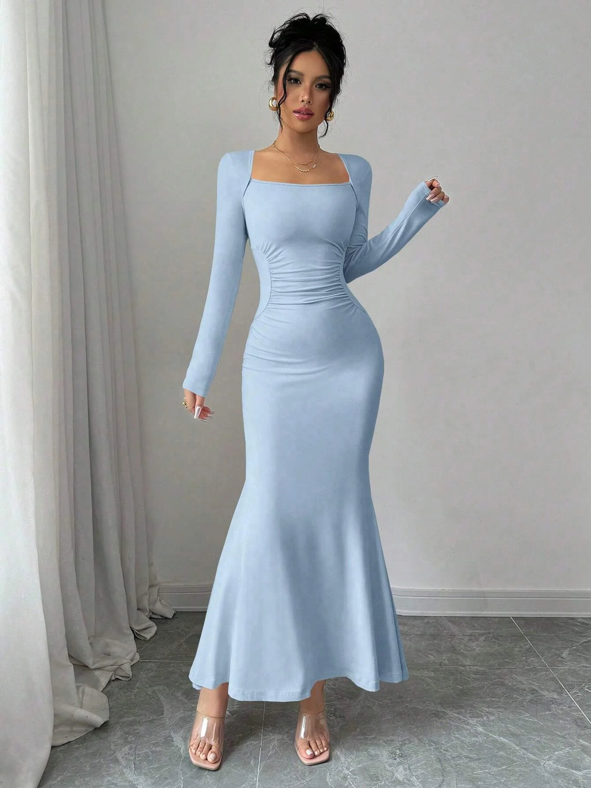 Nisao Four Seasons New Style Elegant Temperament Retro Solid Color Square Long Dress