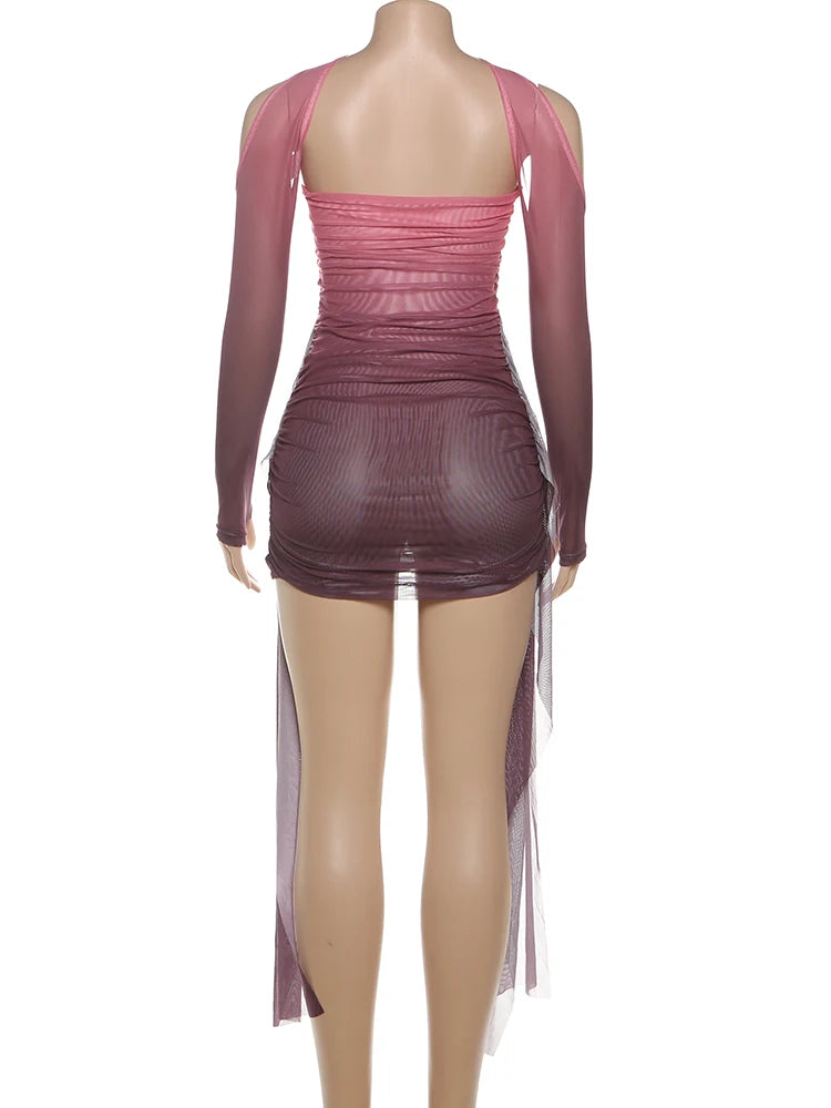 Edison Sexy See Through Dress Shawl Ruched Side Ribbon Coquette Skinny Dress