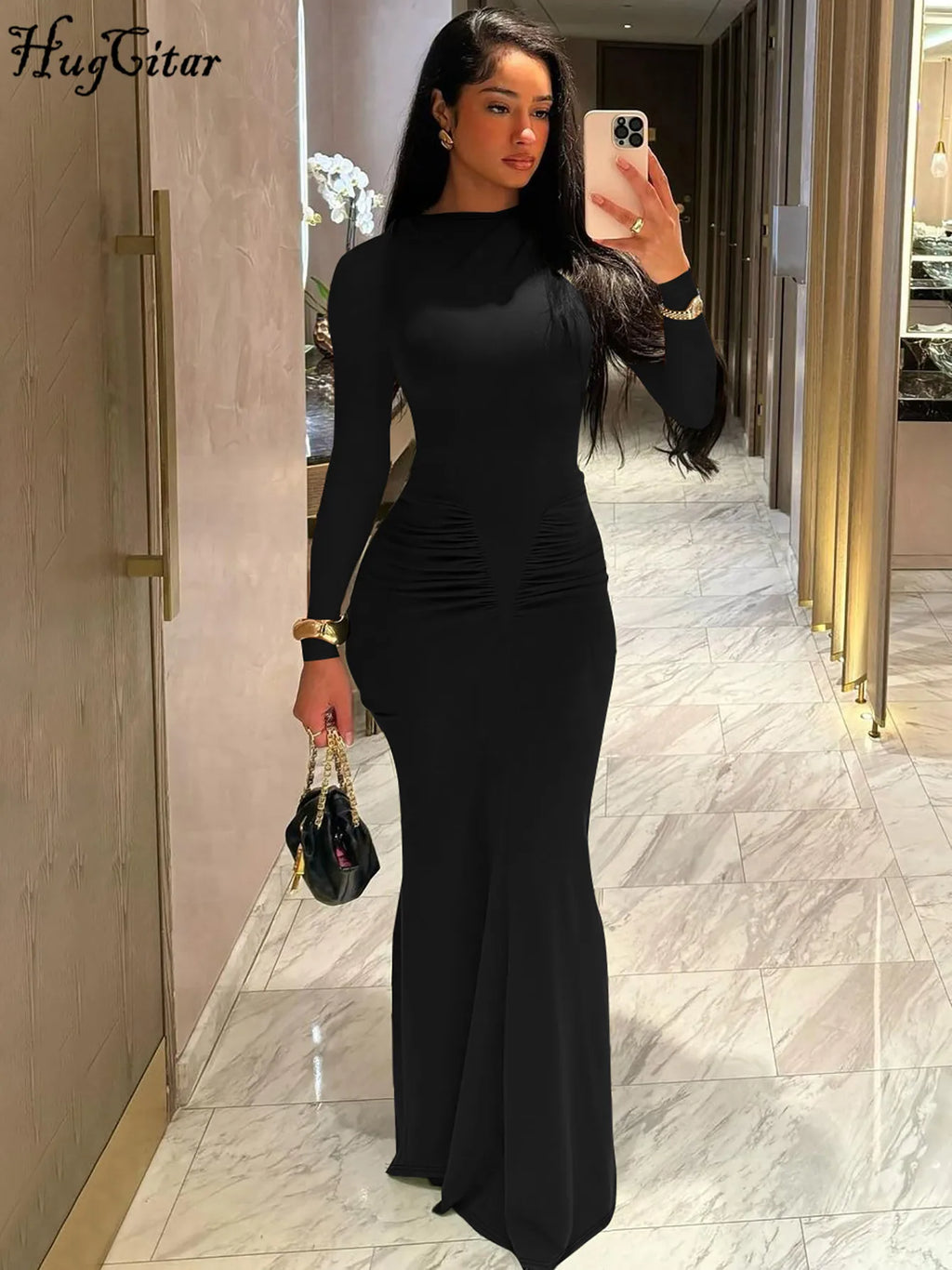 Shore Beach Solid Long Sleeve Draped Sexy Bodycon Maxi Party Dress