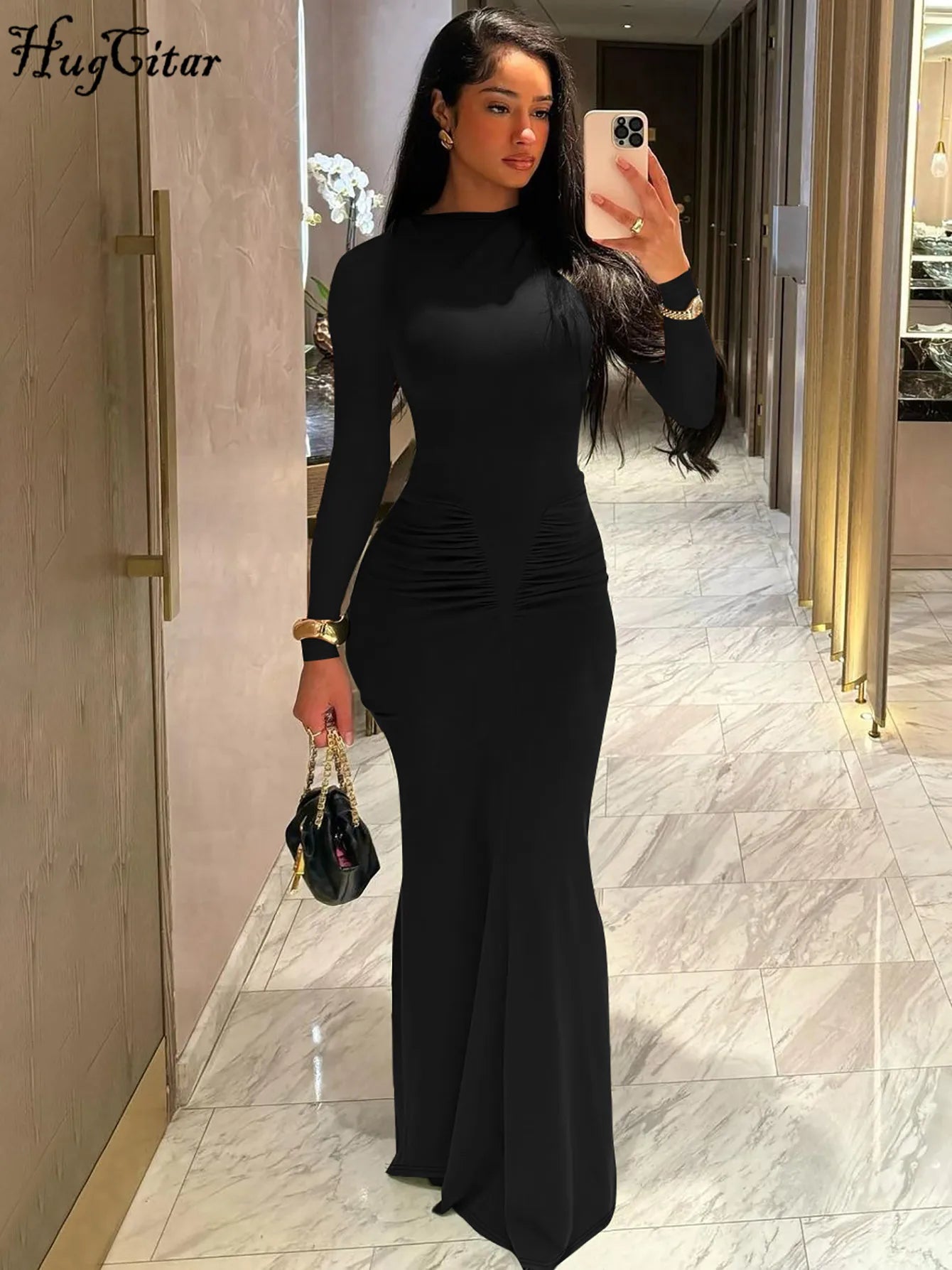 Shore Beach Solid Long Sleeve Draped Sexy Bodycon Maxi Party Dress
