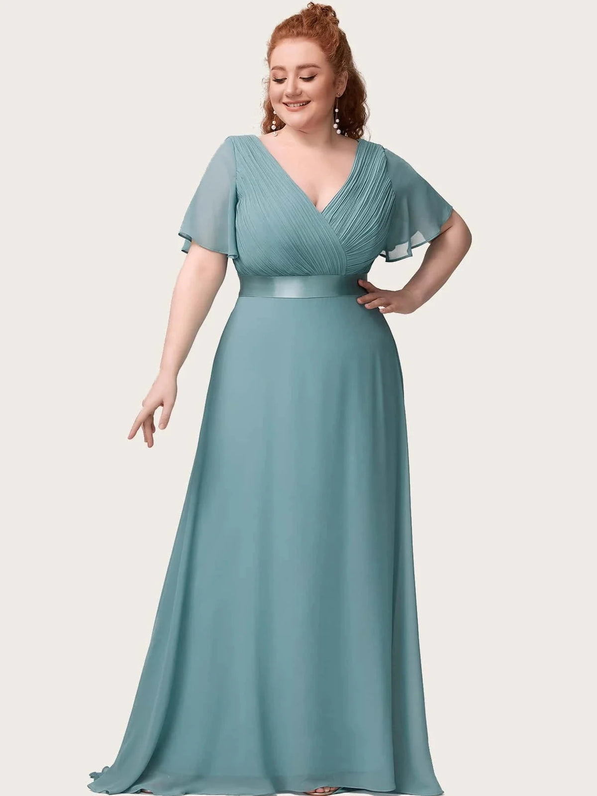 Detroit Plus Size Evening Long Elegant A Line V Neck Ruffles Chiffon Formal Dress