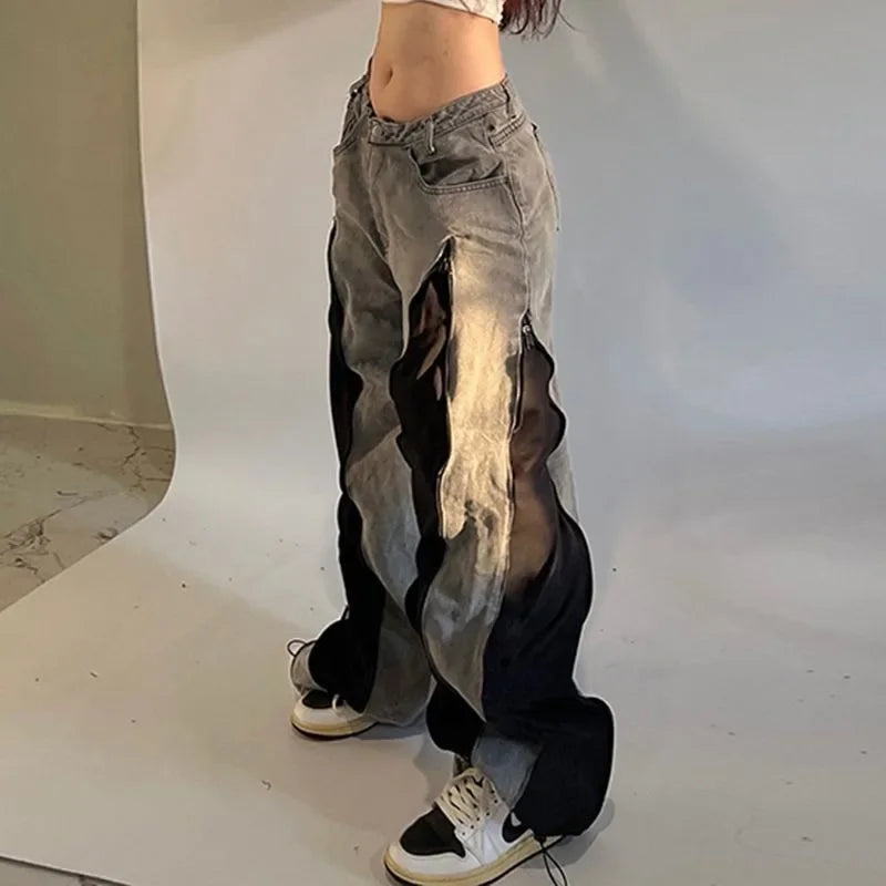 Wildwood Street Color Stitching Washed Baggy Slim Spice Girl Wide-leg Mop Jeans