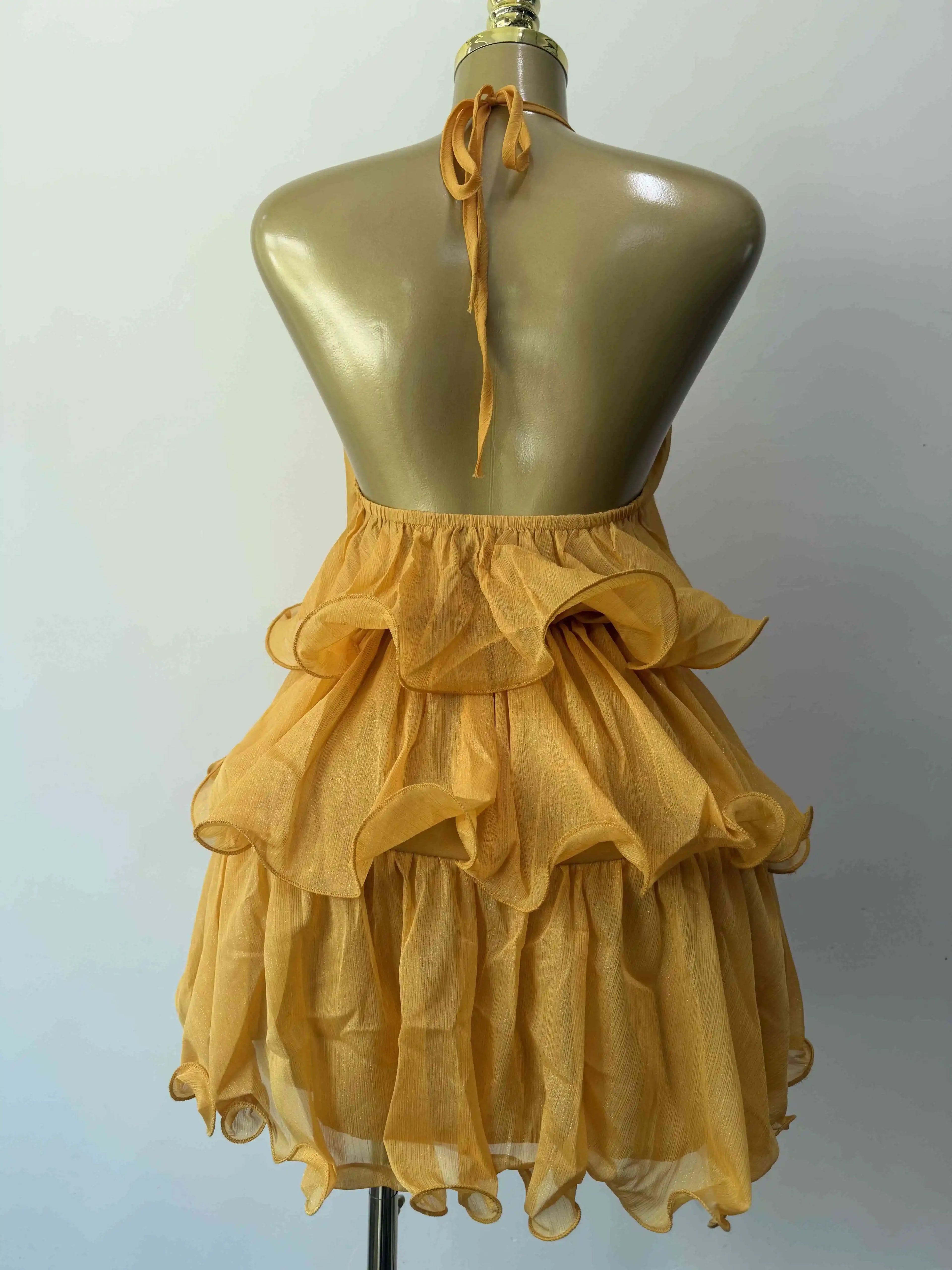 Constable Hook Backless Yellow Holiday Halter  Ruffles Tiered Mini Beach Dress