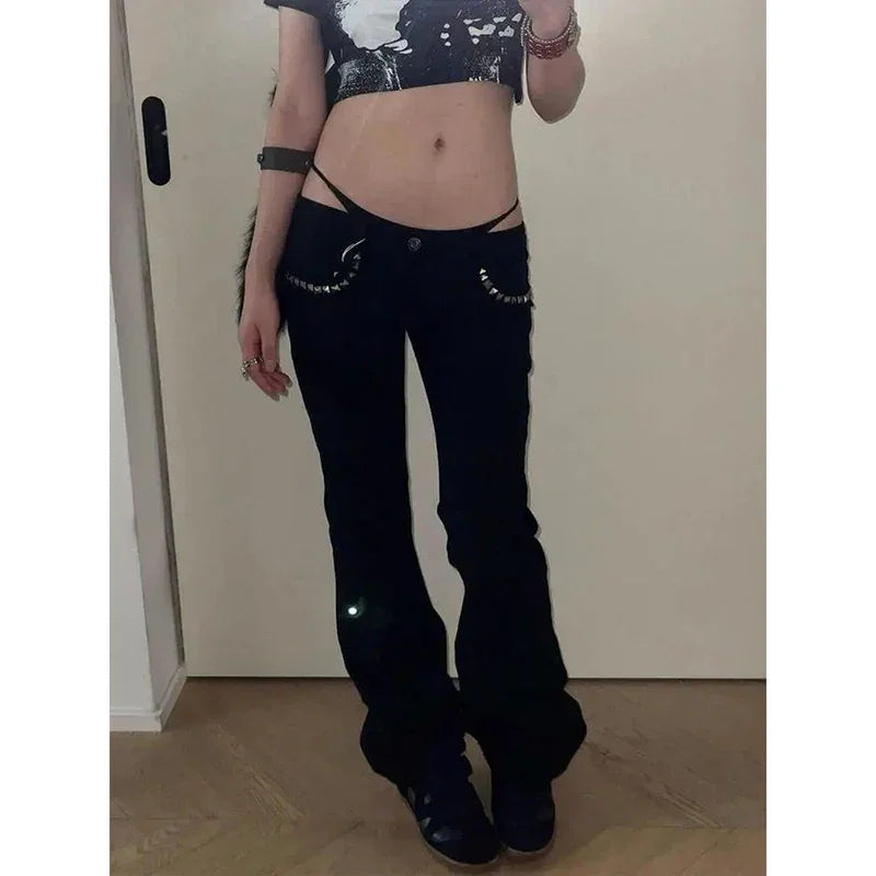 Lakewood Black Low Rise Flared Retro Rivet Slim Kpop Trousers