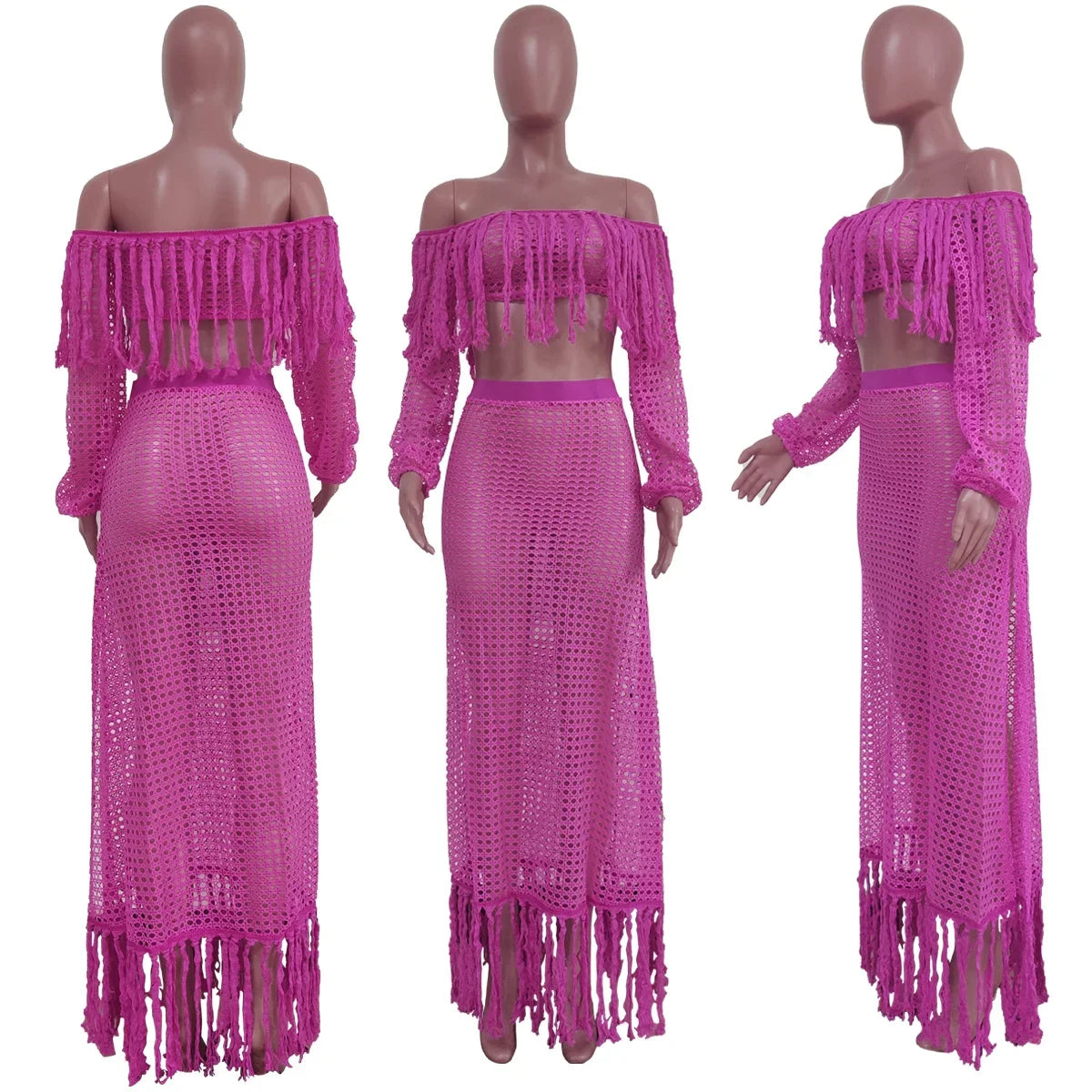 Off Shoulder Tassel Hollow Out Beach Set