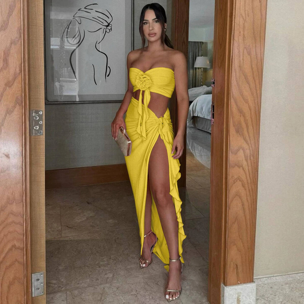 Ogdensburg Strapless Tie Flower Draped Sexy Crop Tank Slit Tassel Set