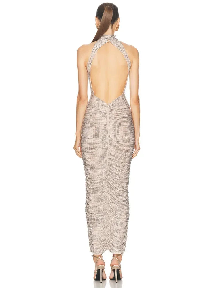 Yaphank Sleeveless Diamonds Backless Ruched Beige Maxi Long Dress