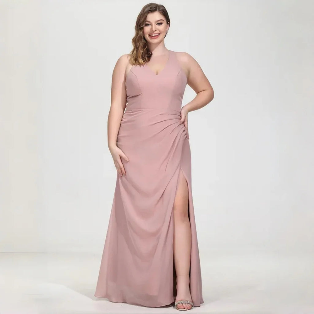 La Cuaba Dusty Pink Plus Size Chiffon Bridesmaid Sleeveless Deep V Neck Side Ruched Dress