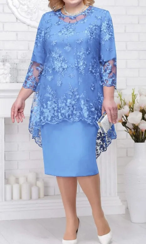Jackson Plus Size Evening Gown Fashion Solid Color Round Neck High Waist Lace Embroidery Dress