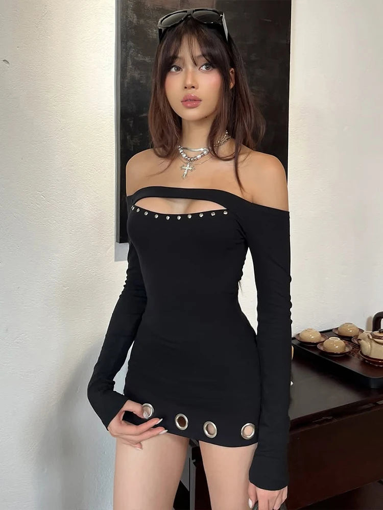 Fords Rivet Metal Hollow Sexy Slash Neck Patchwork Full Sleeve Basic Bodycon Dress