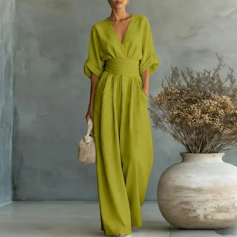 Women's Jumpsuit Fashion High Waist V-neck Casual Jumpsuits Sexy Solid Color Office Wide Leg Trousers Overalls Linen Chic