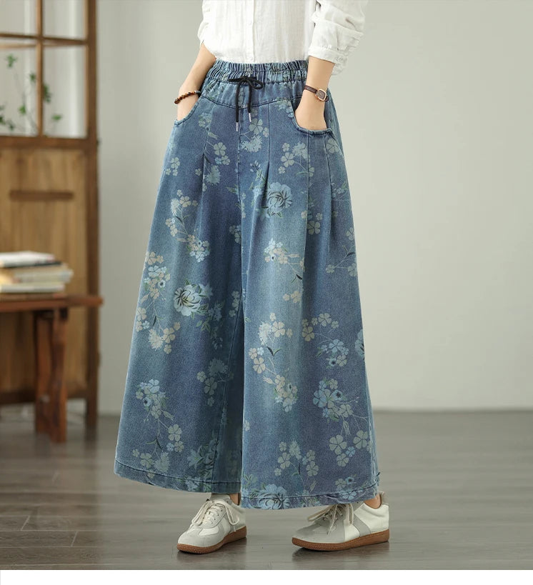 Printed Jeans For Women 2025 Autumn Vintage Extended Elastic Waist