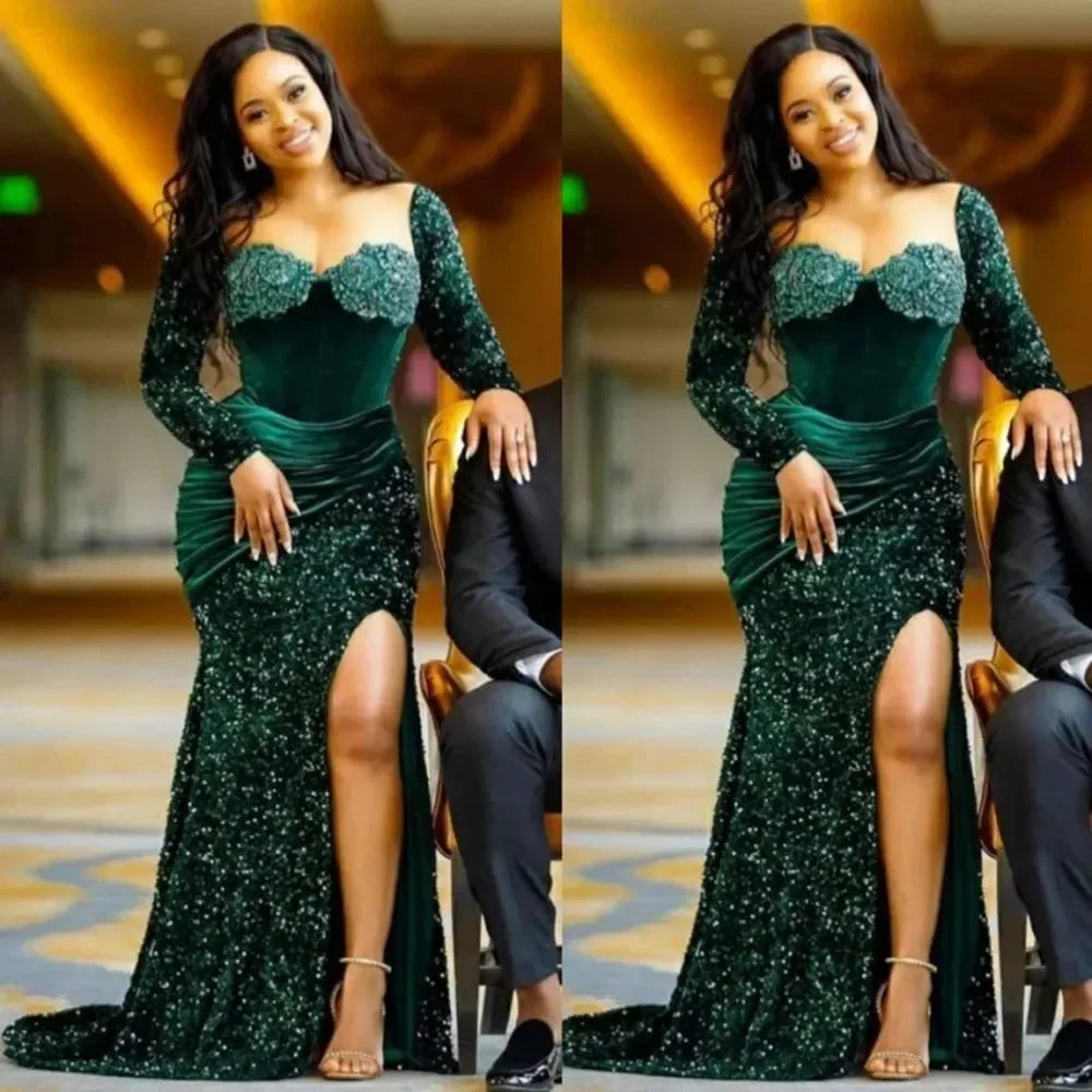 Vista Corta Green Evening Mermaid Sparkly Long Sleeves Sequins Dress