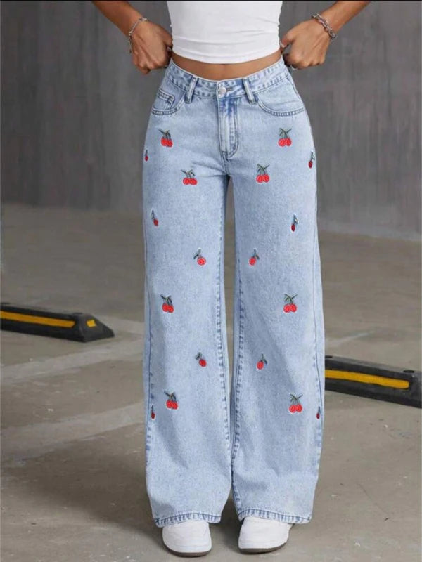 2026 Women Jeans Embroidery High Waist Distressed Washed Denim Wide