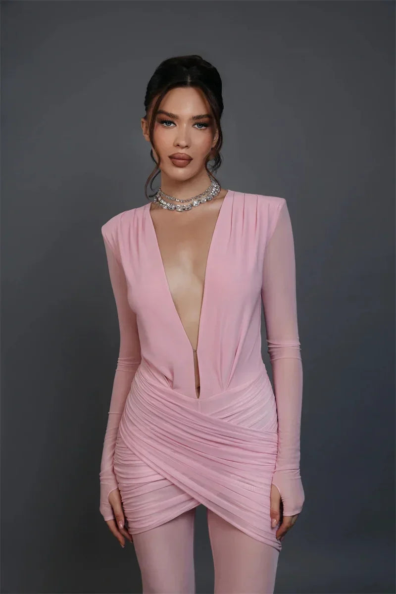 Milford Deep V Neck Long Sleeve Sexy Patchwork See Through Ruched Jumpsuits