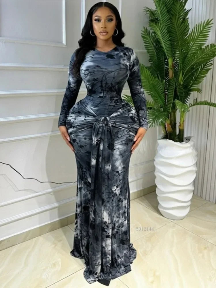 Beattystown Elegant Tie Dye Printed Skew Neck Flare Long Sleeve Ruched Maxi Dress