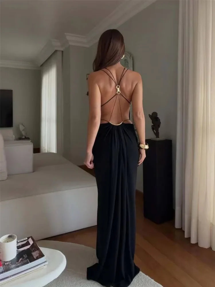 Solid Color Spaghetti Strap Sleeveless Sexy Deep V Cutout Waist Ruched Maxi Gown Dress
