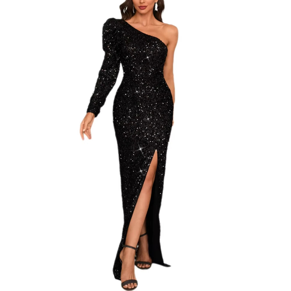 Brooklyn Sexy Backless One Shoulder Evening Dresses Sparkly Sequin High Split Prom Dress