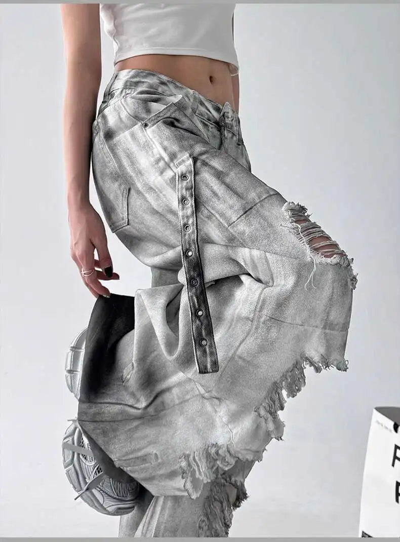 Jeans American High Street Ripped Straight Wide-Leg Jeans For Women Design