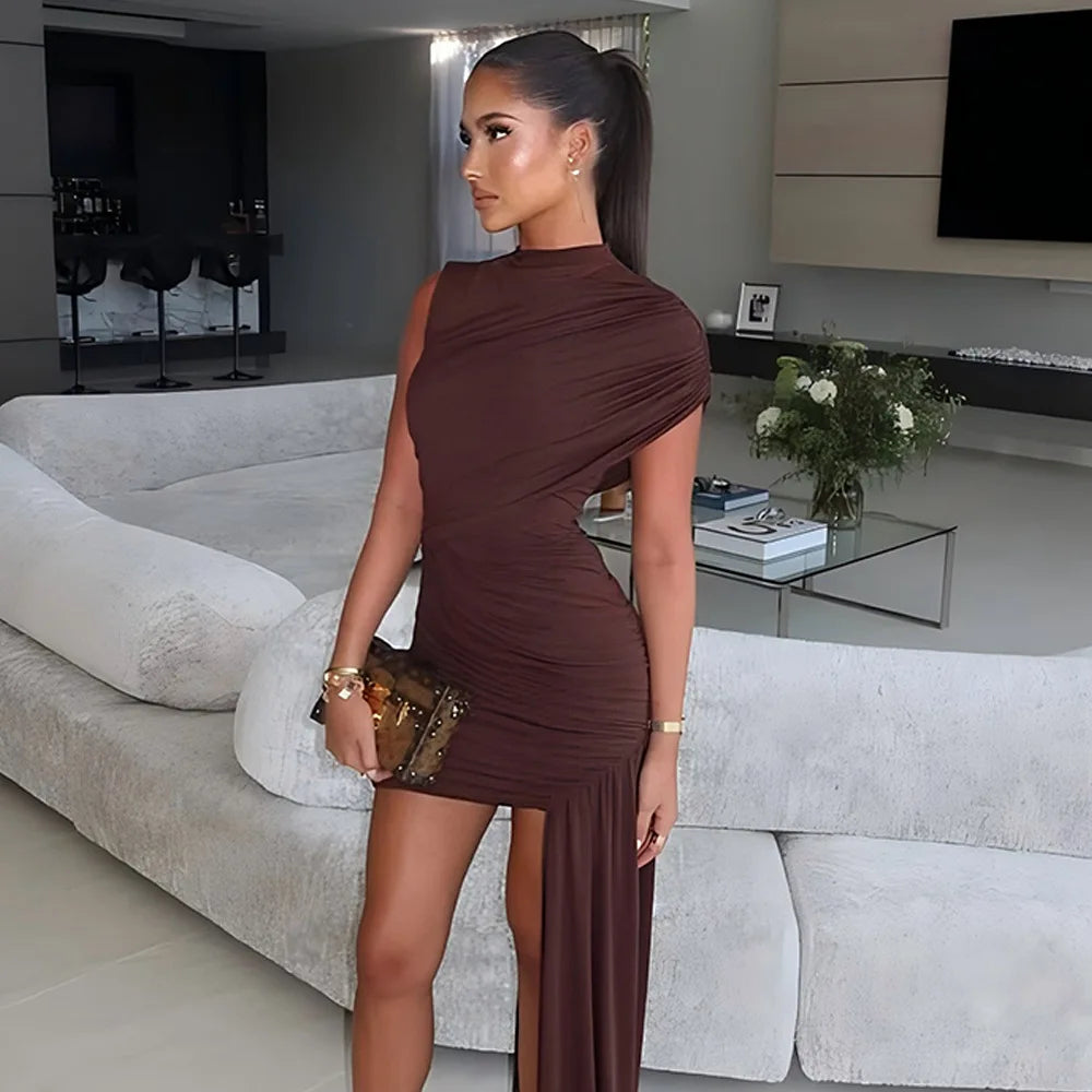 Aspen Knolls Ruched Sexy Solid Color Elegant Turtleneck Sleeveless Asymmetric Dress