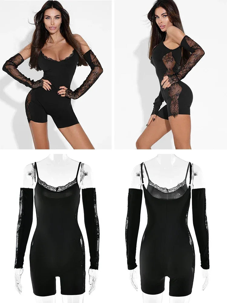 Port Chester Long Sleeve Lace Patchwork Square Collar Sexy Jumpsuits
