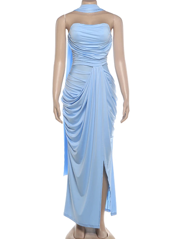 Madrid Folds Elegant Long Ribbon High Slit Chest Wrap Maxi Dress
