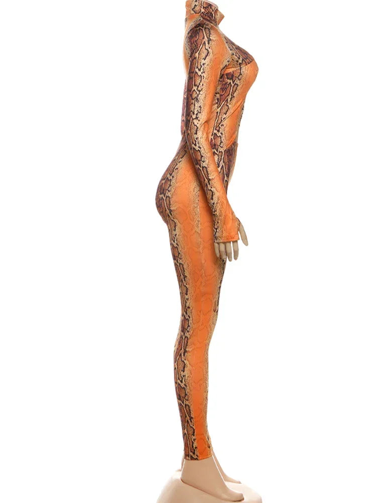 Canarsie Hollow Serpentine Print O Neck Full Sleeve Skinny Peach Hip Jumpsuit
