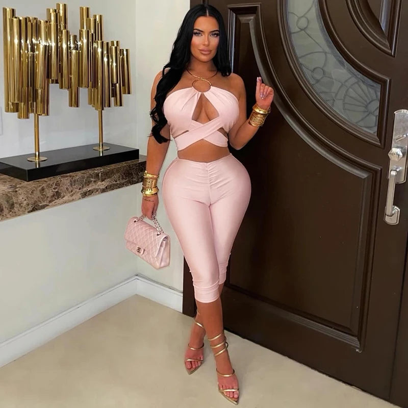 Lorena Solid Color Hanging Neck Tight Fitting Two Piece Sets