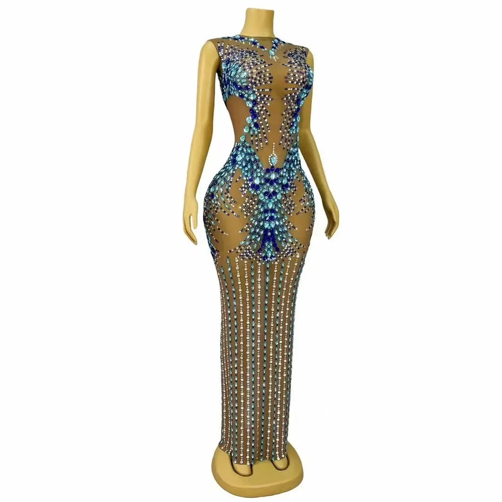 Ligonier Sparkly Rhinestones Nude Mesh Maxi Long Elegant Dress