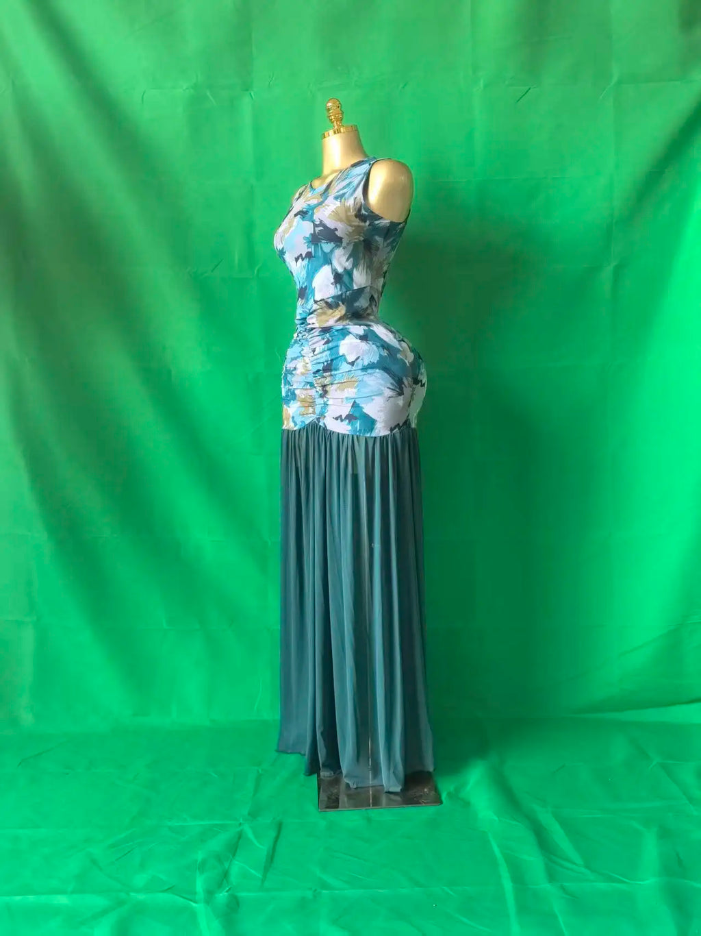 Printed Ruched Stacked Sleeveless Long Maxi Dress