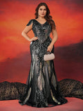 Manapeq Plus Size Luxury Cap Sleeves V-back Sequins Formal Evening Dress