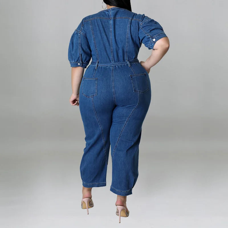 Plus Size Half Zipper Front Belted Jumpsuit Women New Streetwear Puff Sleeve Fashion Washed Jumpsuit