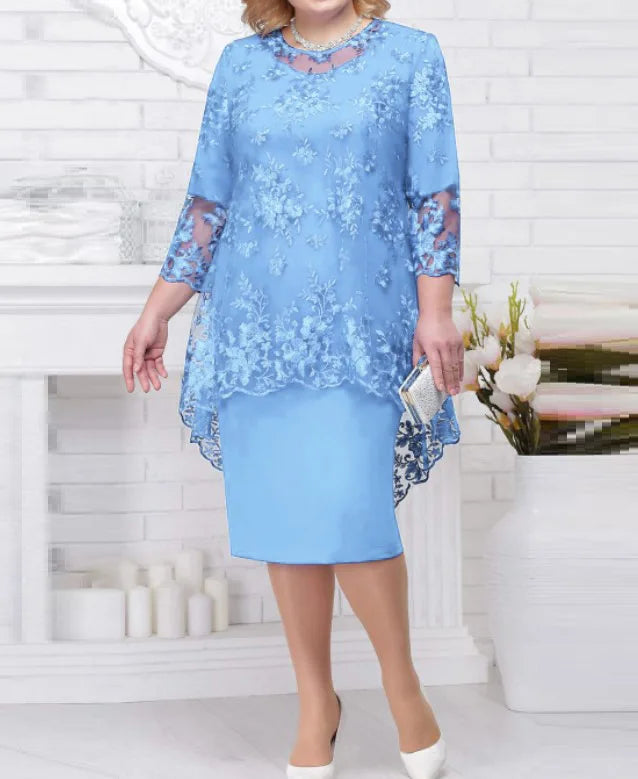 Jackson Plus Size Evening Gown Fashion Solid Color Round Neck High Waist Lace Embroidery Dress