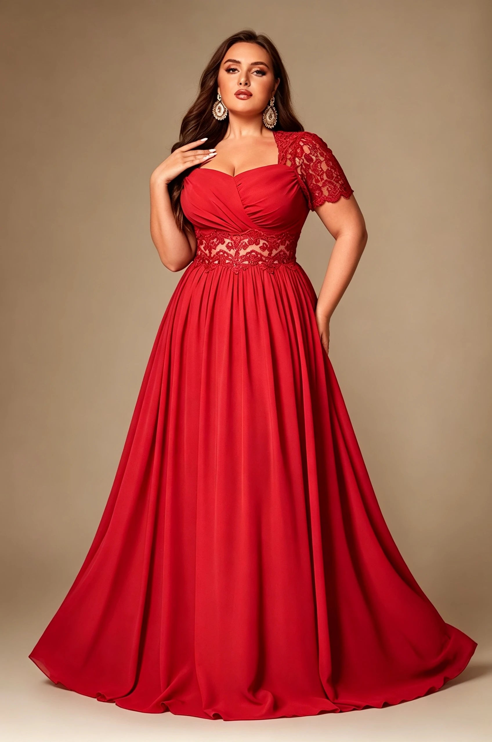 Paterson Plus Size A Line Lace Short Sleeved Formal Evening Gown Sheer High-Waisted Maxi Dress