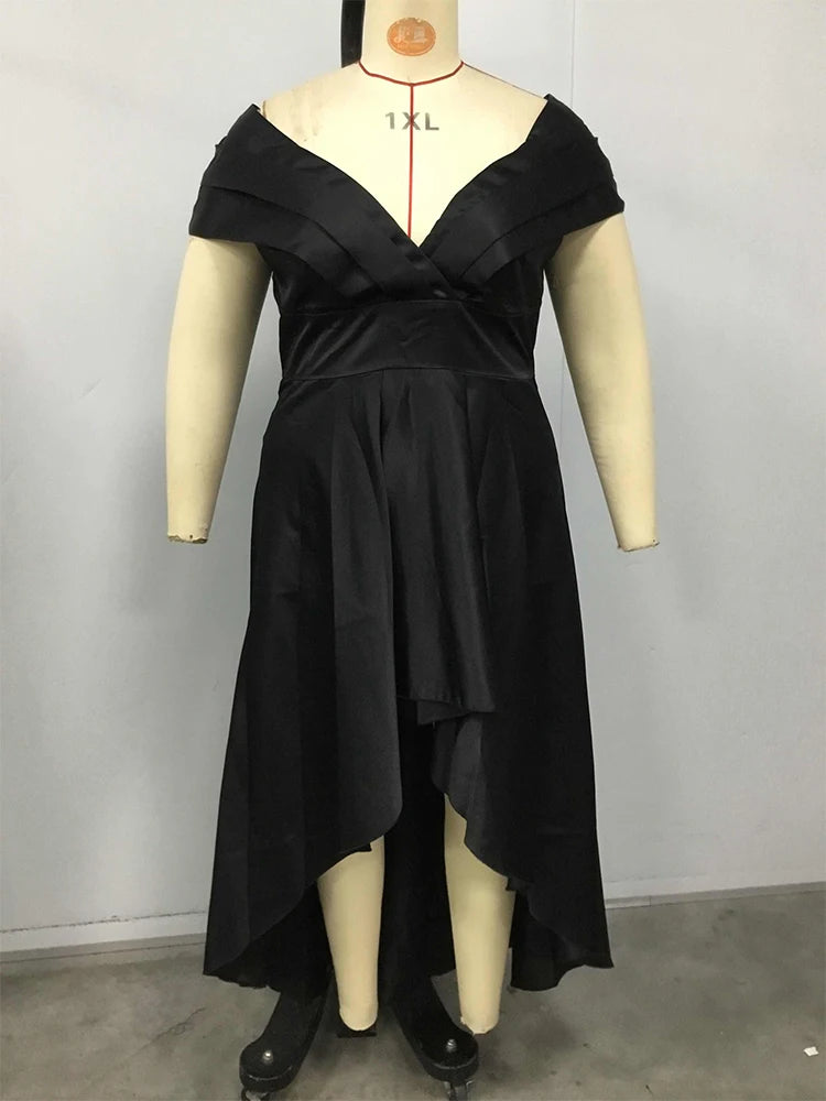 Noho Satin Off Shoulder Aysmmetry Hem Elegant Casual Short Sleeve Cocktail Maxi Dress