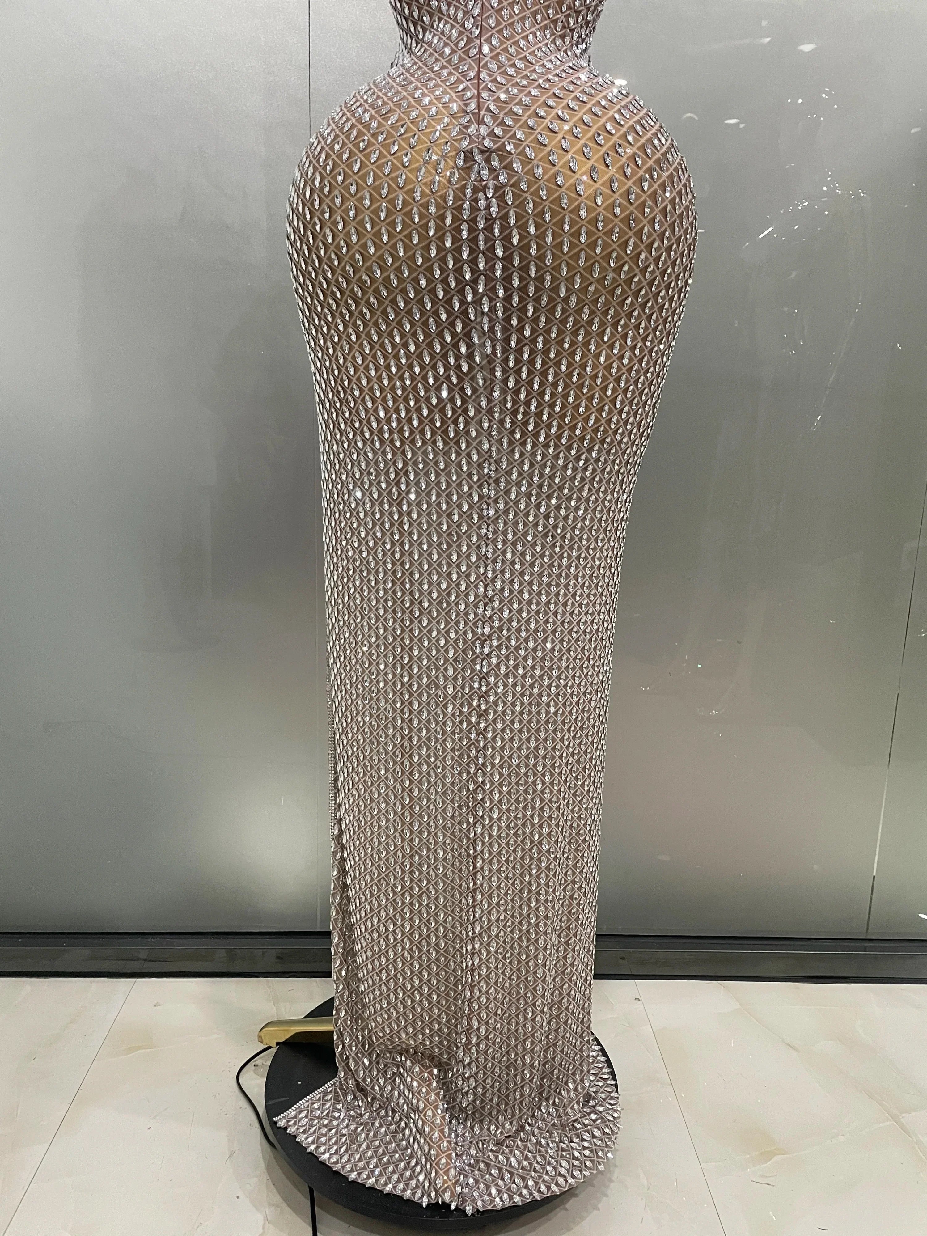 Frederick Full Rhinestones Mesh Transparent Long Elegant Dress