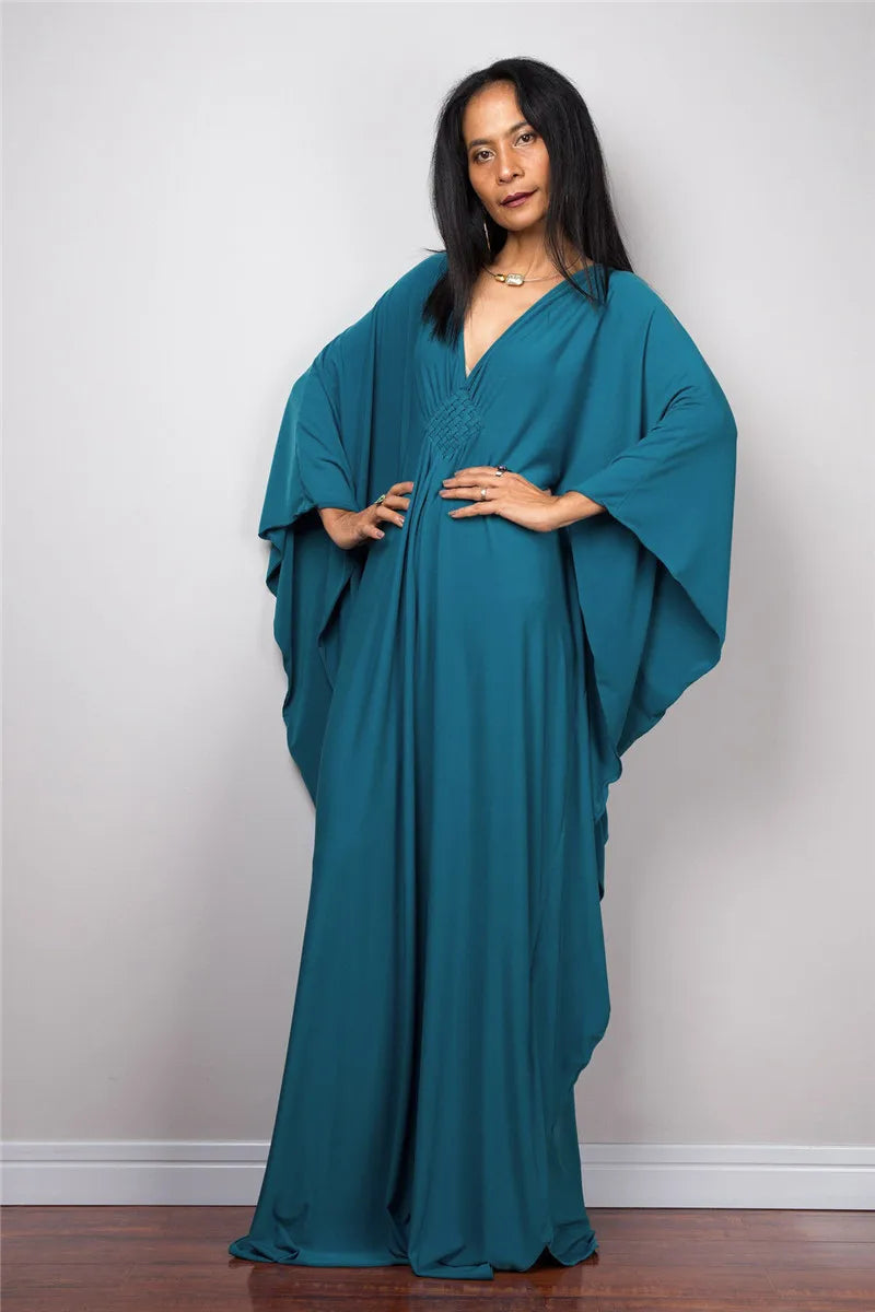 Plaza Plus Size Caftan Solid Color Plus Size Beach V Neck Cover Up Loose Soft Kaftan Dress