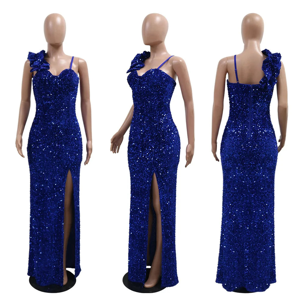 Bayone Sexy Sequins Solid Sexy Slim Fit Evening High Waist Elegant Lady Sleeveless Split Dress