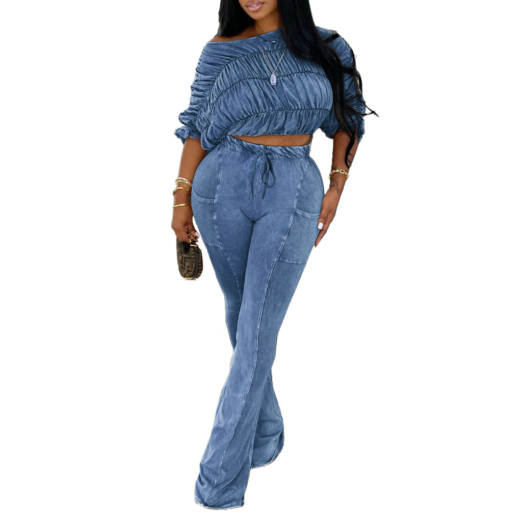 Judith Diagonal Neck Batwing Sleeve Short Two Piece Sets