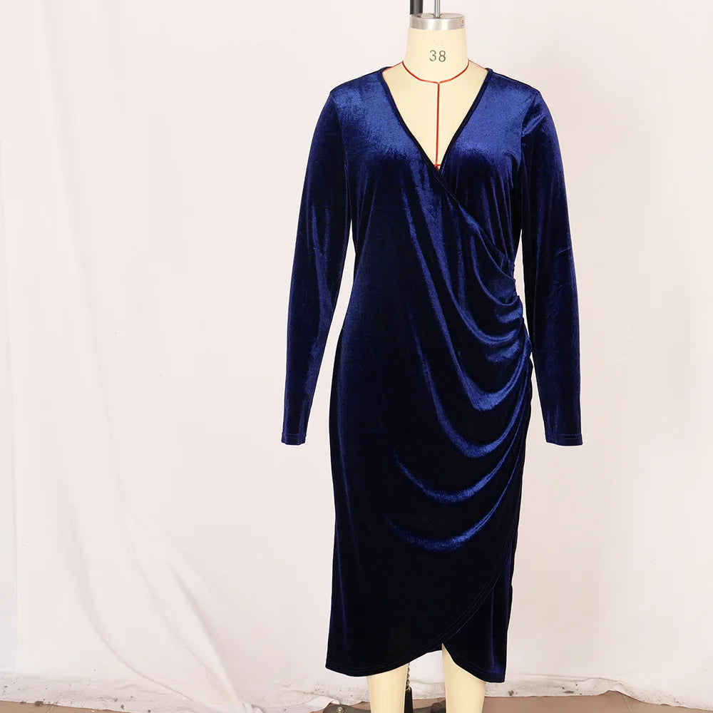Asbury Park Elegant Velvet Plus Size Bodycon Sexy Wrapped V-Neck Long Sleeve Midi Dress