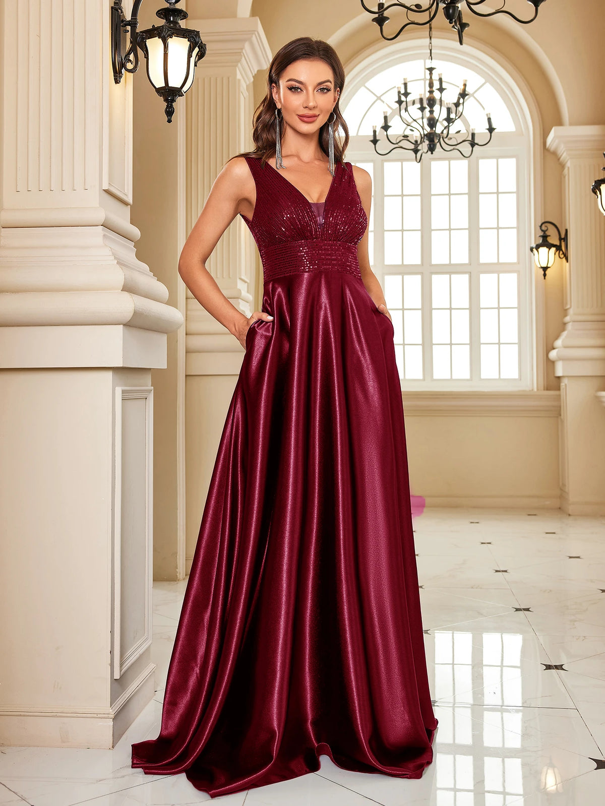 Oklahoma Elegant Sequins Evening Deep V-neck Satin Prom Party Dress