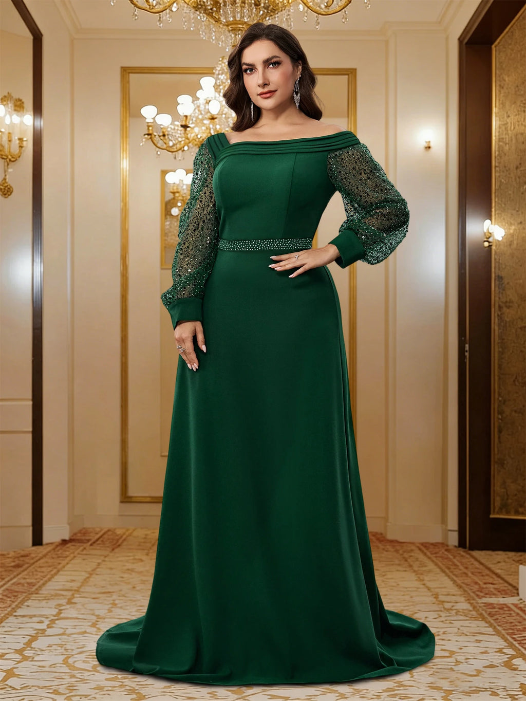 Santurce Plus Size Green Luxury Long Sleeves Formal Evening Dress