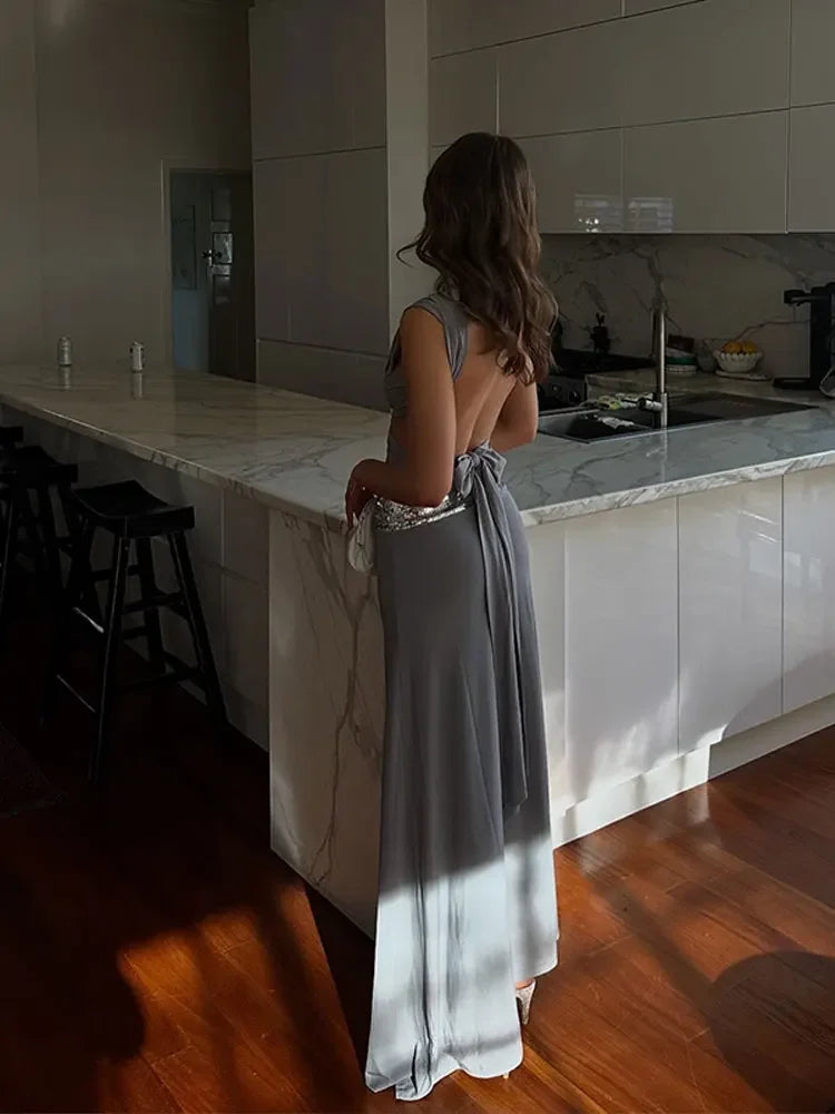 Obaska Stylish Sexy Backless Shiny Sleeveless O Neck Set